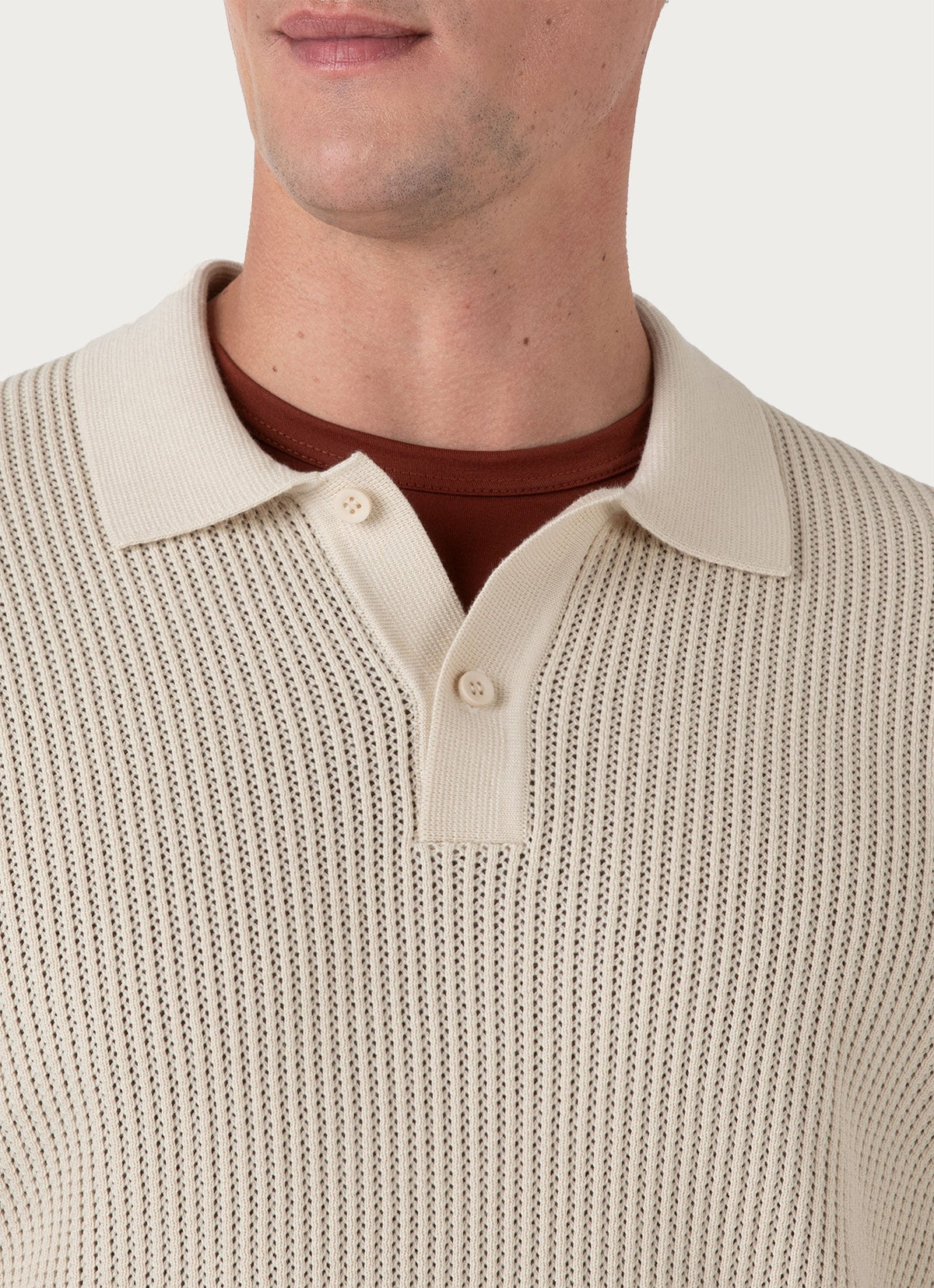 Mens Linear Mesh Knit Polo Shirt In Ecru Mpol8276 Whcr
