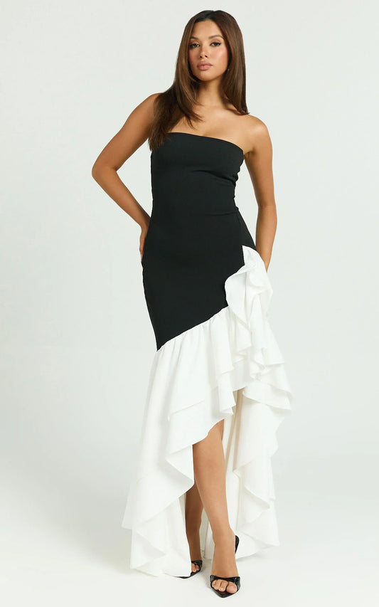 Deeyah Maxi Dress - Strapless Ruffle Detail Dress in Black & White
