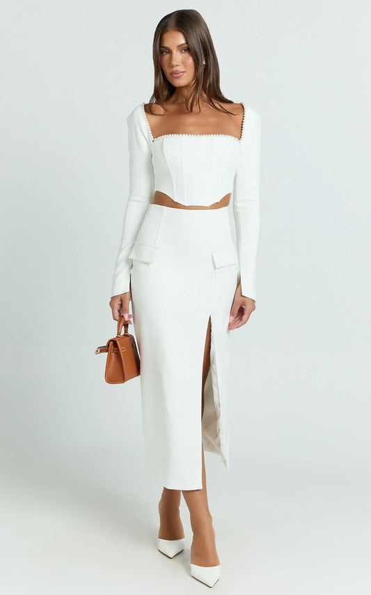 Davie Midi Skirt - High Waist Split Front Skirt in White