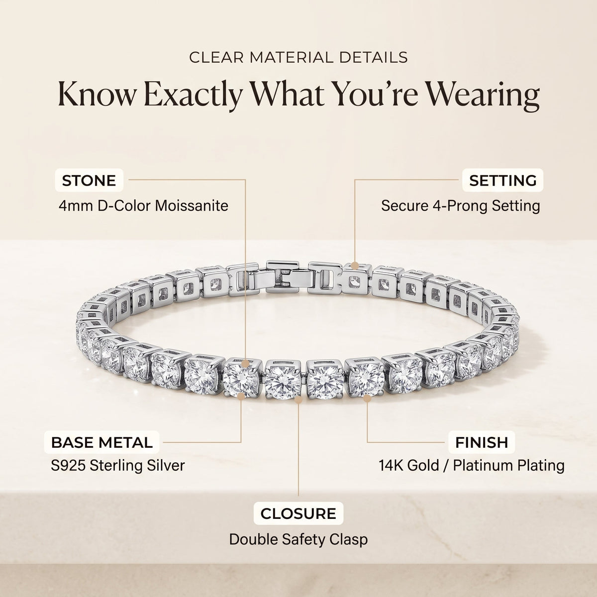 Luxury D-Color Moissanite Tennis Bracelet – 4mm Stones, 14K Gold Plated & Secure Double Clasp✨