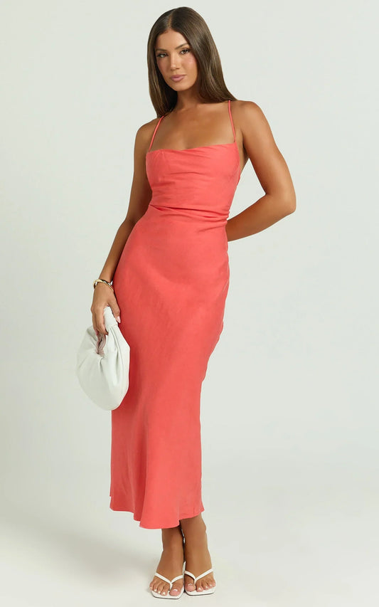 Evangeline Midi Dress - Square Neck Cross Back Bias Dress in Coral