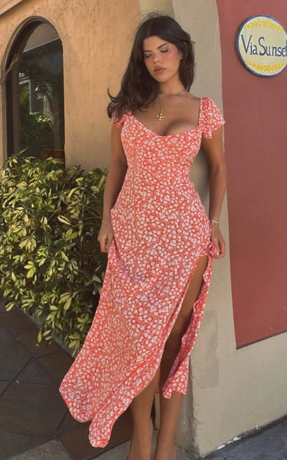Donissa Midi Dress - Thigh Split Flutter Sleeve Dress in Orange Floral