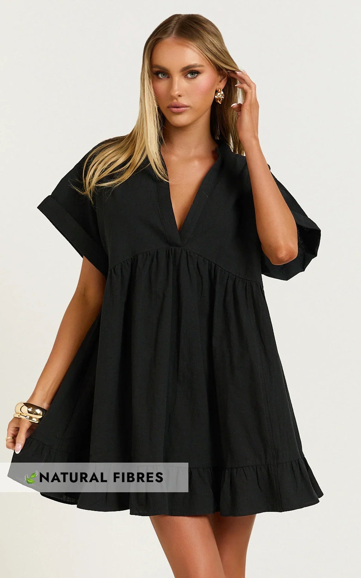 Calissa Mini Dress - Frill Hem Smock Dress in Black