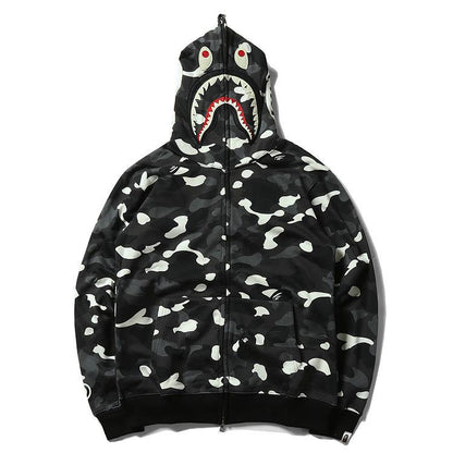 Bathing Ape Hoodie Black and White Luminous Shark Coat Looped Fabric Hooded Shark Sweater Shark Embroidered Hoodie