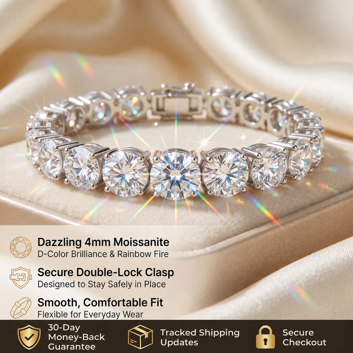 Luxury D-Color Moissanite Tennis Bracelet – 4mm Stones, 14K Gold Plated & Secure Double Clasp✨