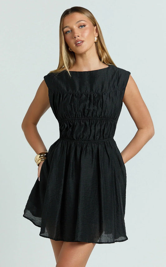 Faith Mini Dress - Sleeveless Ruched Bodice Dress in Black
