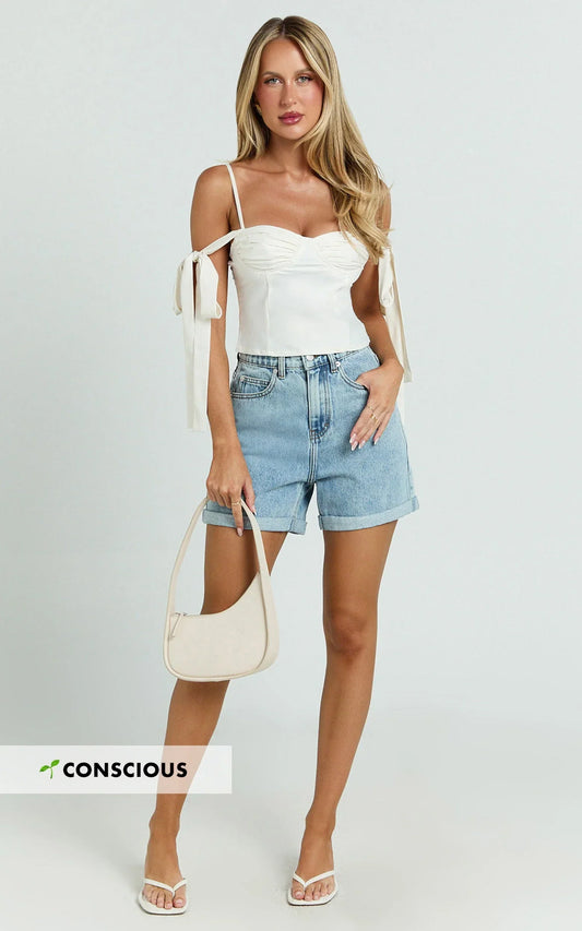 Cristiana Shorts - High Waisted Cuffed Denim in Light Blue Wash