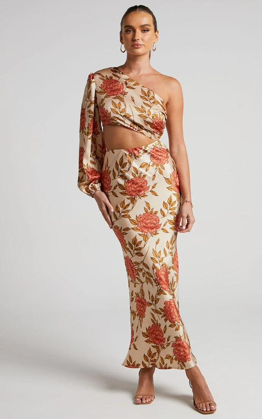 Abagail Midi Dress - One Shoulder Cut Out Dress in Beige Floral