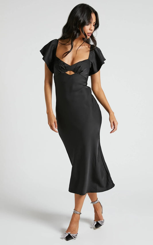 Emberlynn Midi Dress - Flutter Sleeve Cut Out Satin Dress in Black