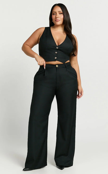 Izara Trousers - Mid Rise Relaxed Straight Leg Tailored Trousers in Black