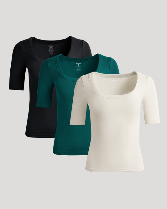 Womens Ribbed 3/4 Sleeve Scoop Neck Tee 3-Pack