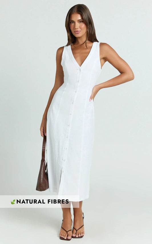 Juliet Midi Dress - Button Through V Neck Dress in White