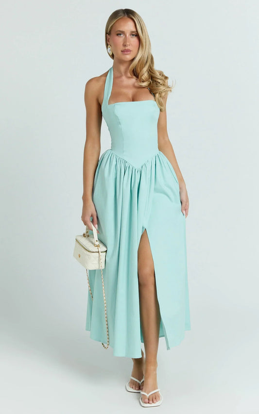 Helda Midi Dress - Halter Tie Neck Corset Panel Dress in Mint