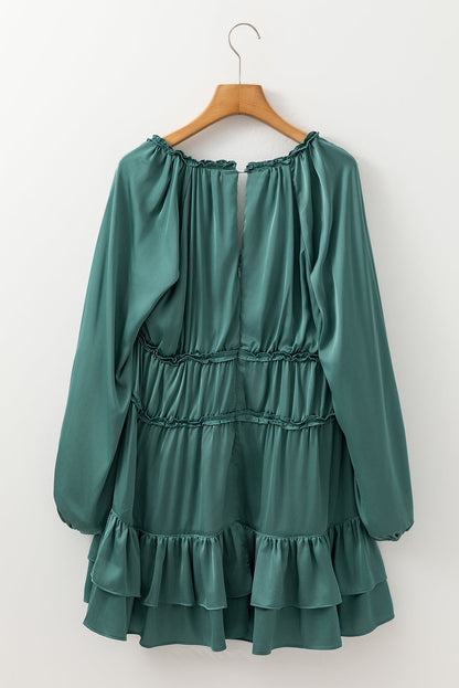 Apricot Tiered Ruffled Puff Sleeve Loose Fit Mini Dress
