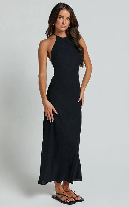 Cyrena Maxi Dress - Linen Halter Neck Sleeveless Slip Dress in Black