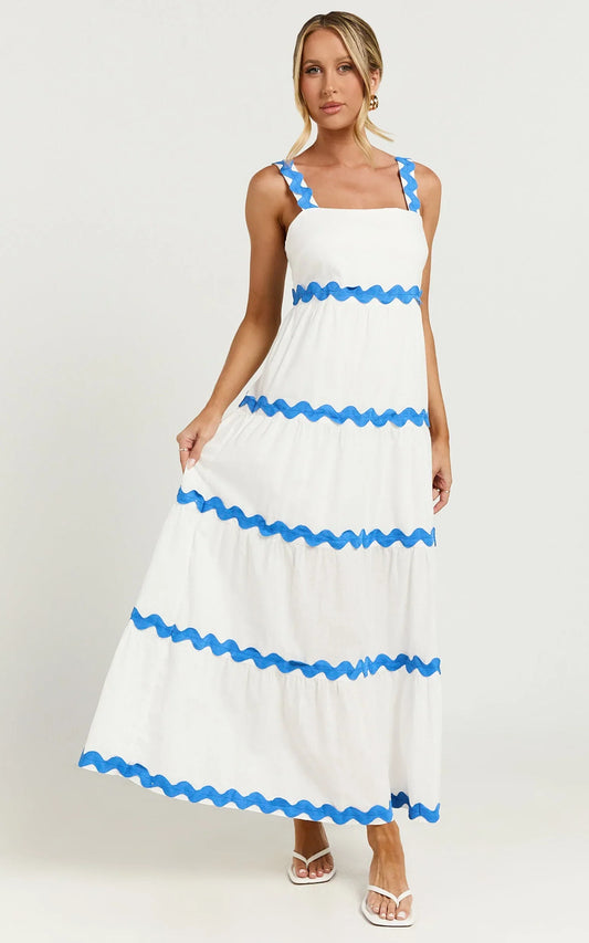 Brenda Midi Dress - Sleeveless Straight Neck Wave Detail A Line Dress in White