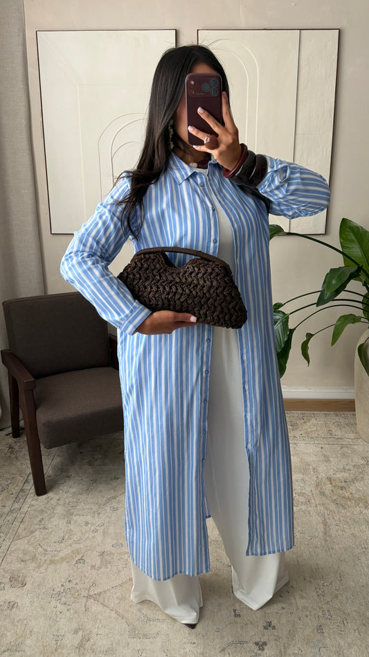 Chemise Longue A Rayures Doublee 100 Coton I Bleu Ciel