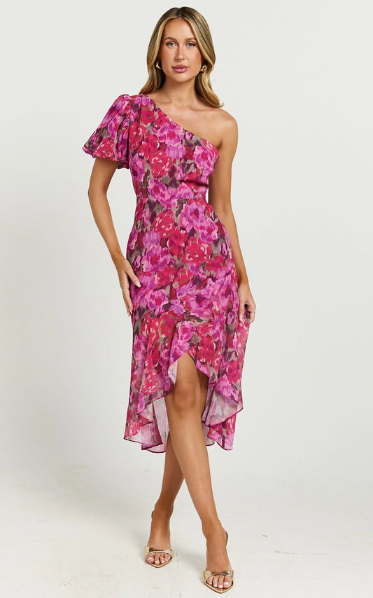 Clabelle Midi Dress - One Shoulder Ruffle Tulip Hem Dress in Violette Blur Floral