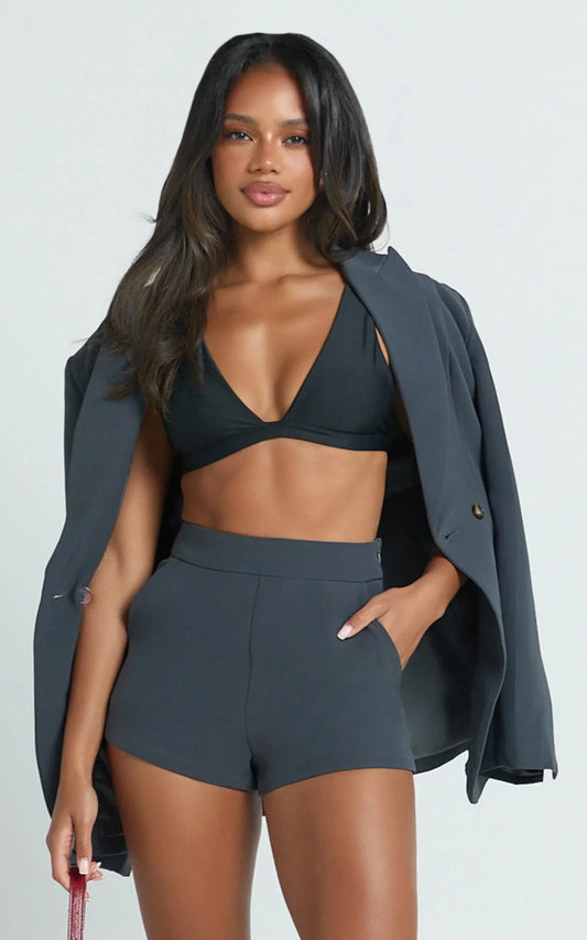 Jenni Shorts - High Waisted Micro Mini Tailored Shorts in Slate Grey