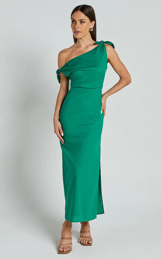 Cincinnati Midi Dress - Off The Shoulder Side Split Column Linen Dress in Green