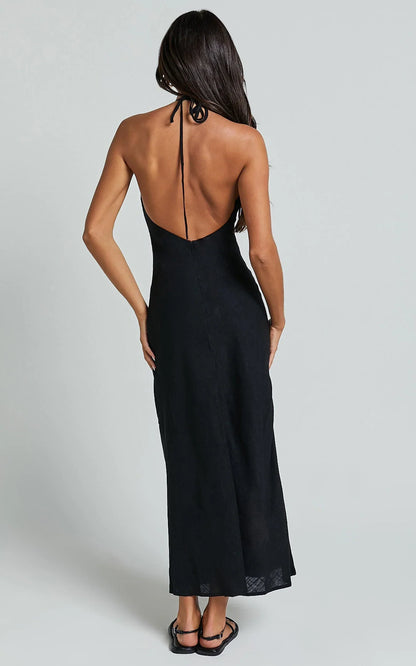 Cyrena Maxi Dress - Linen Halter Neck Sleeveless Slip Dress in Black