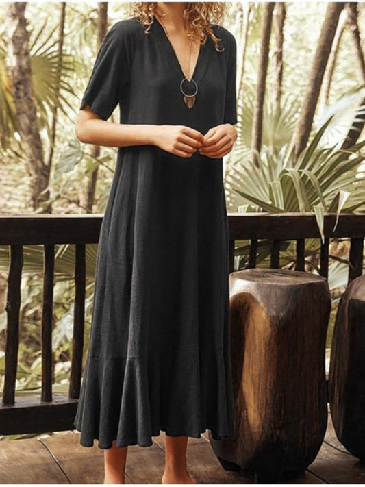 V-Neck Short Sleeve Dress with Pockets
