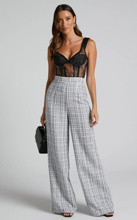 Icie Pants - High Waisted Tweed Wide Leg Pants in White & Black