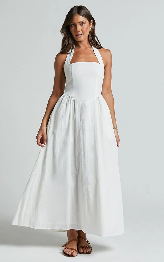 Daniella Maxi Dress - Halter Neck A Line Dress in White