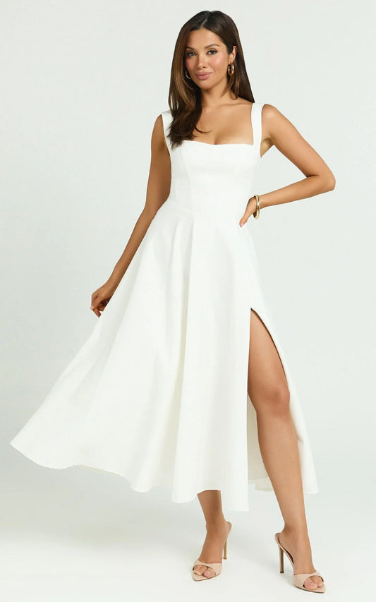 Bernie Midi Dress - Square Neck Strapped Full Circle Skirt Dress in White