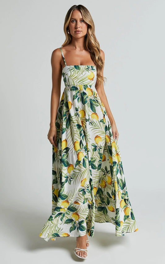 Cardi Maxi Dress - Strappy Straight Neck A Line Dress in Yellow