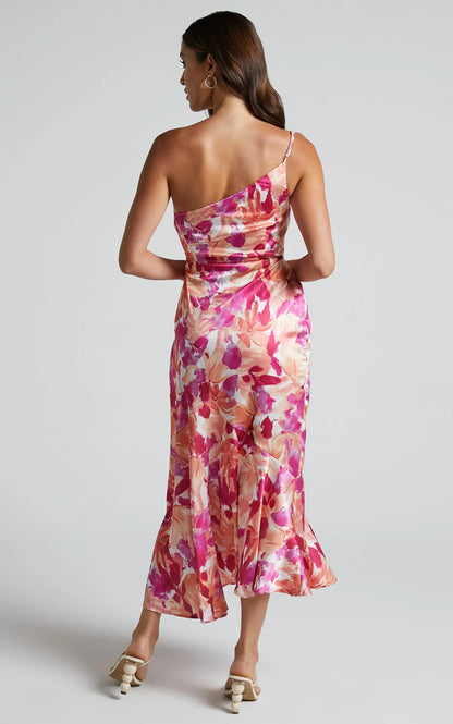 Alyssia Midi Dress - One Shoulder Ruched Satin Dress in Pink Floral