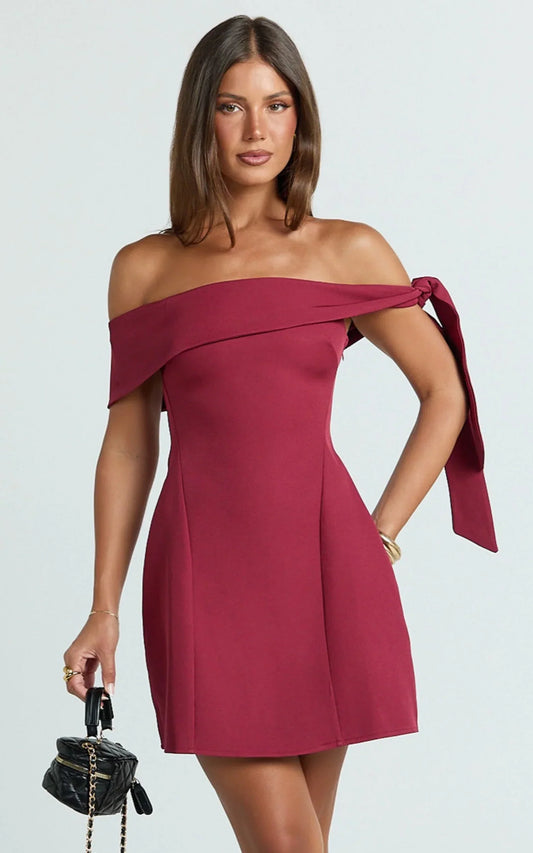 Cecilia Mini Dress - Off Shoulder Tie Detail Dress in Wine