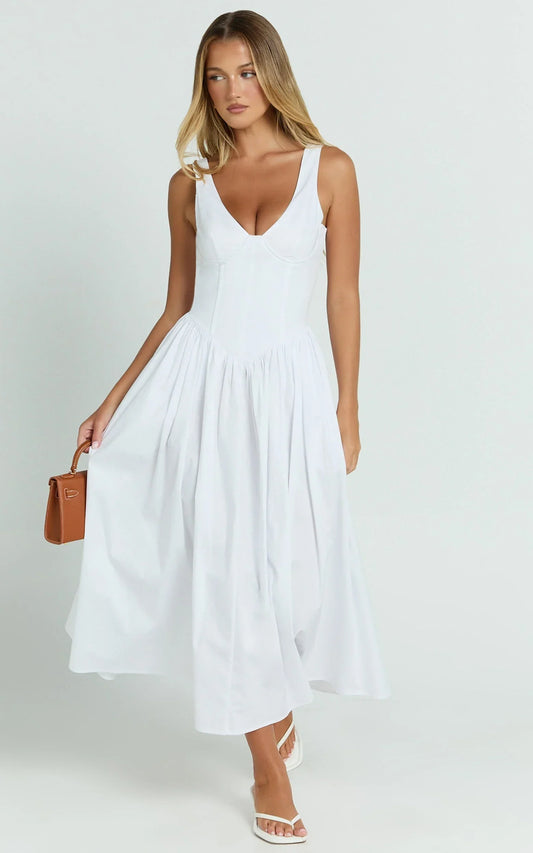 Beckett Midi Dress - Scoop Neck Drop V Waist Gathered Skirt Dress in White