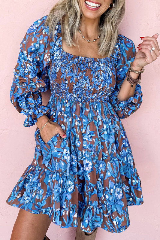 Blue Smocked Bodice High Waist Ruffled Sleeve Floral Dress