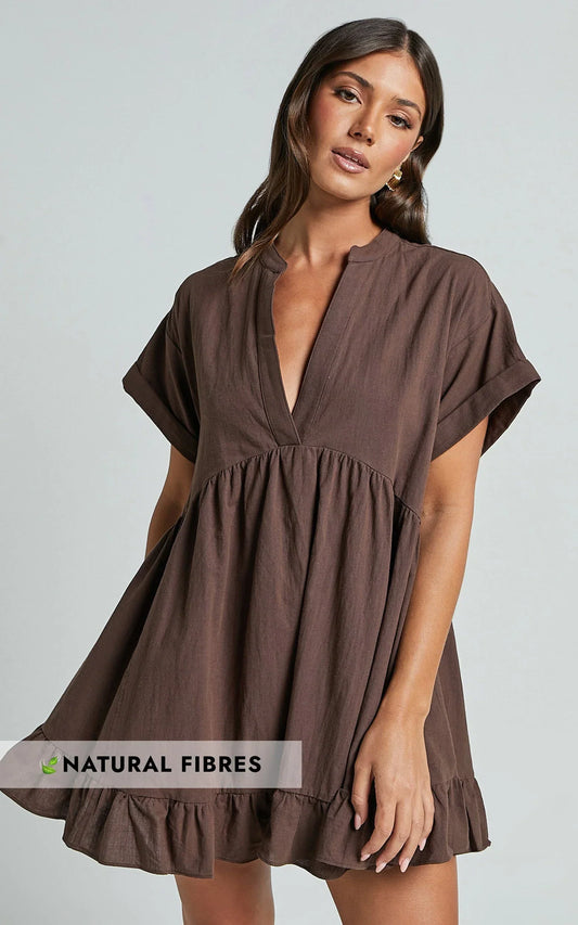 Calissa Mini Dress - Frill Hem Smock Dress in Chocolate