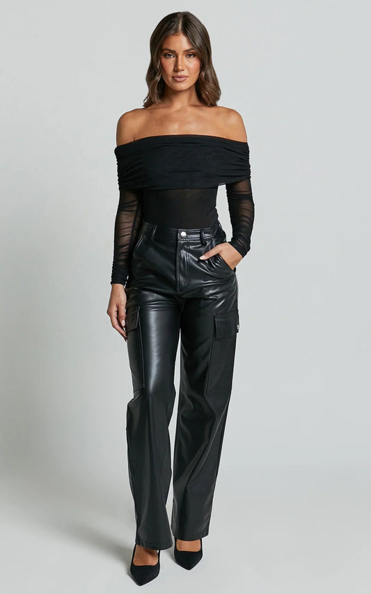 Elviera Pants - High Waisted Faux Leather Cargo Pants in Black