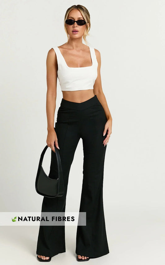 Jamir Pants - Linen Look High Waisted Fit and Flare Pants in Black