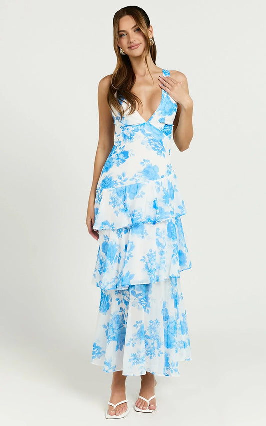 Beryl Midi Dress - Deep V Neck Sleeveless Layered Dress in Blue Floral