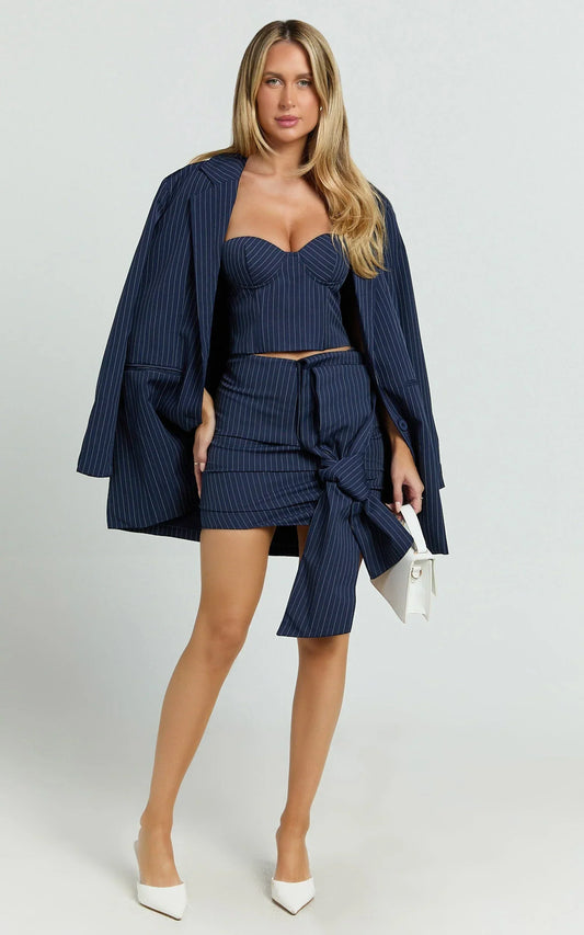 Elliot Mini Skirt - Pinstripe Ruched Bow Detail Fitted Skirt in Navy