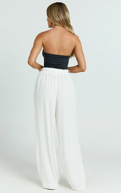 Kalli Pants - Linen Look Belted Wide Leg Relaxed Pants in White