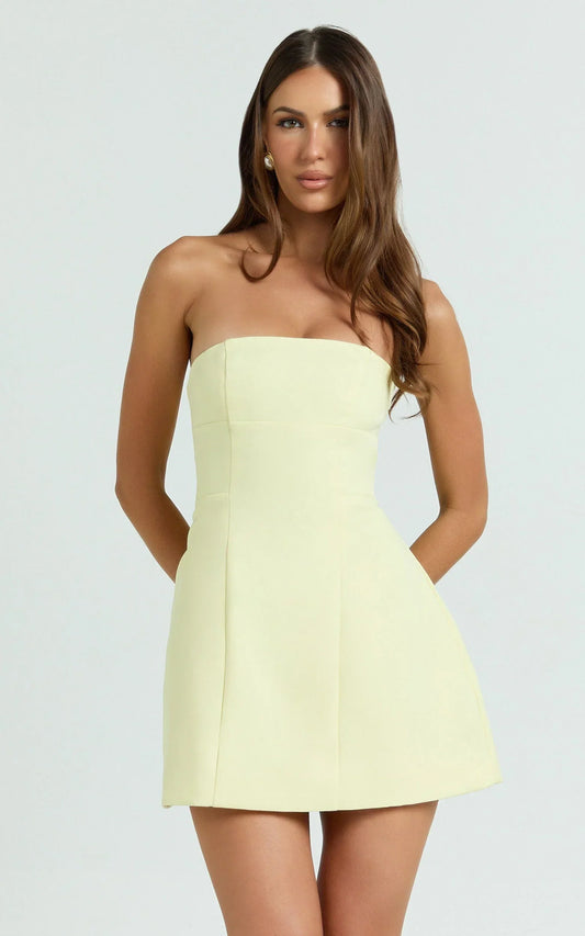 Catharine Mini Dress - Strapless A Line Dress in Lemon