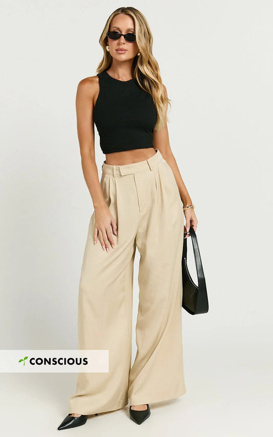 Clarke Pants - High Waist Wide Leg Pants in Stone