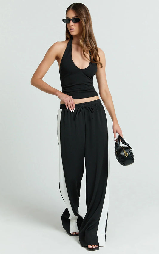 Davi Pants - Drawstring Waist Contrast Panel Tailored Pants in Black