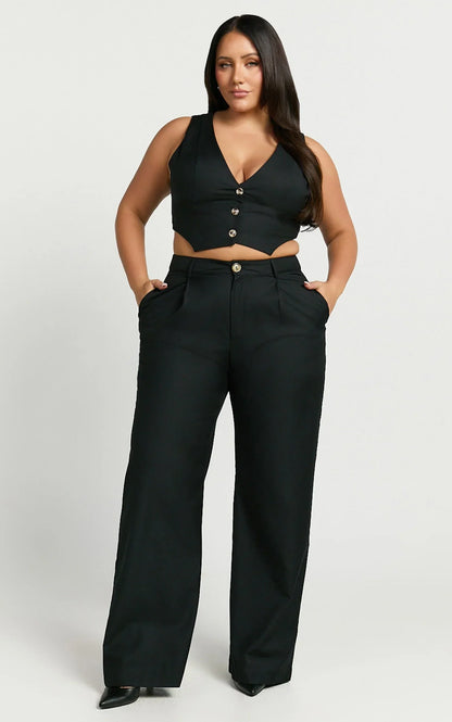 Izara Trousers - Mid Rise Relaxed Straight Leg Tailored Trousers in Black