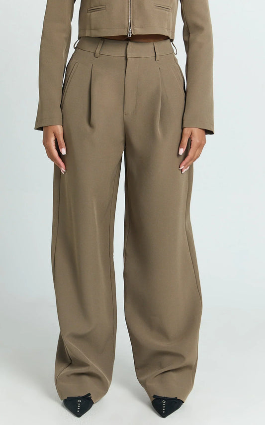 Inez Pants - High Waisted Barrell Leg Tailored Pants in Olive