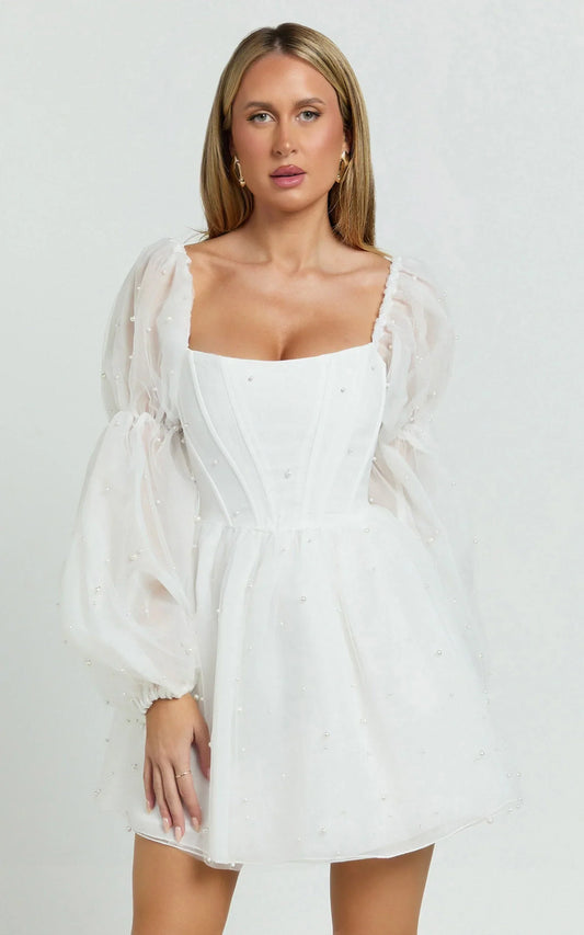 Ingrid Mini Dress - Long Puff Sleeve Pearl Detail Dress in White