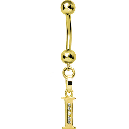 16G Solid 14k Yellow Gold CZ Initial I Belly Ring