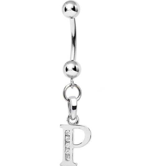 16G Solid 14k White Gold CZ Initial P Belly Ring