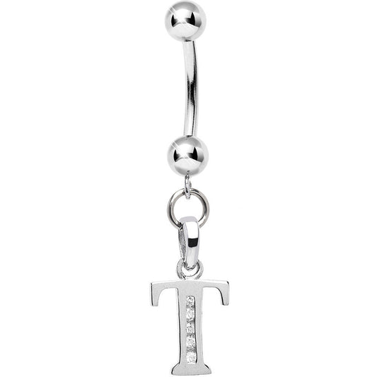 16G Solid 14k White Gold CZ Initial T Belly Ring