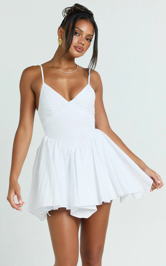 Julie Mini Dress - V Neck Drop V Waist Pleated Dress in White